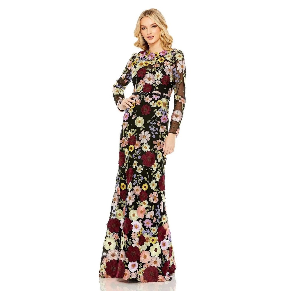 Mac Duggal 68201 Floral Embroidered Long Sleeve Gown Black Multi Size 14